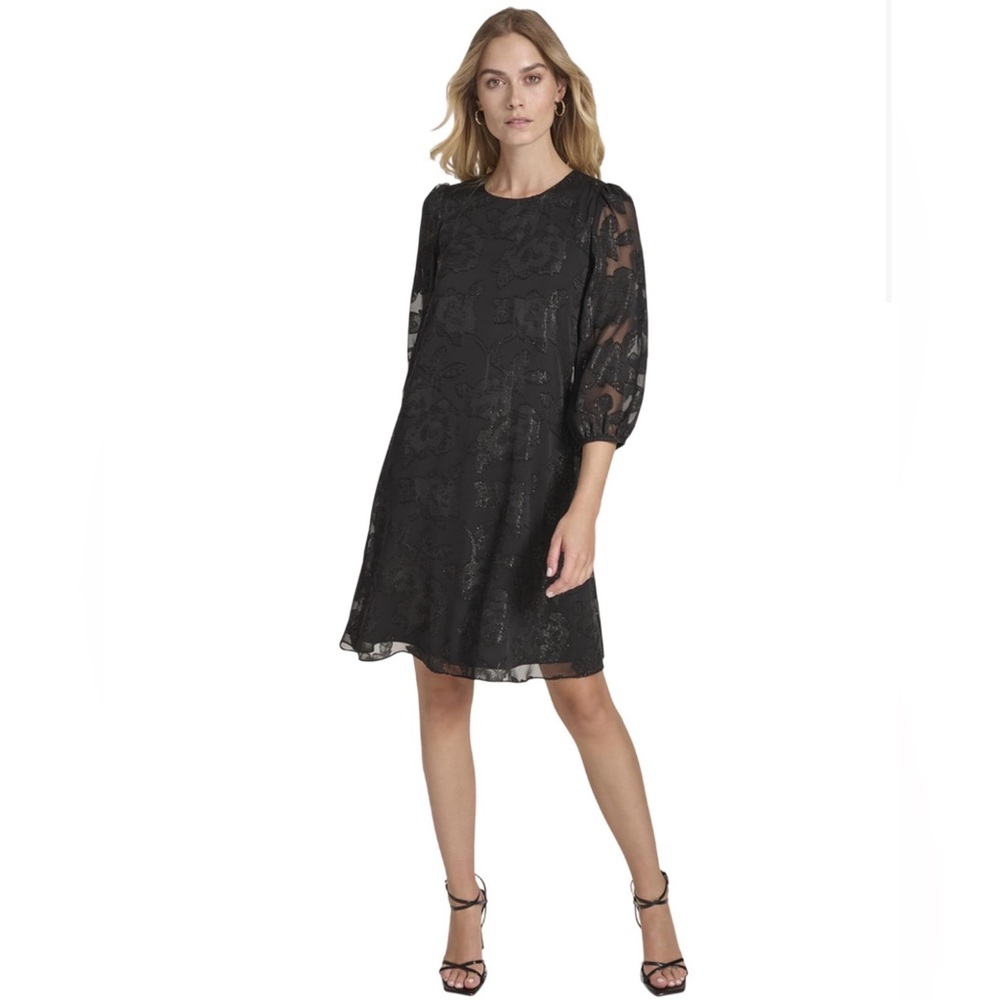 Calvin Klein Womens Chiffon 3/4-Sleeve Shift Dress CD4HGD2W Black 6
